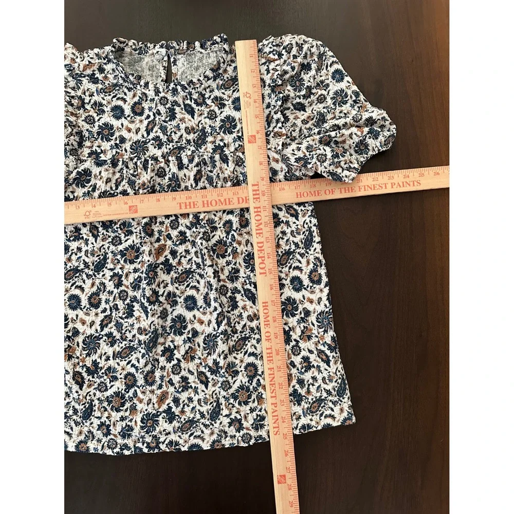 Floral Puff Sleeve Blouse Navy Rust Paisley Ruffle Neck Seersucker Top